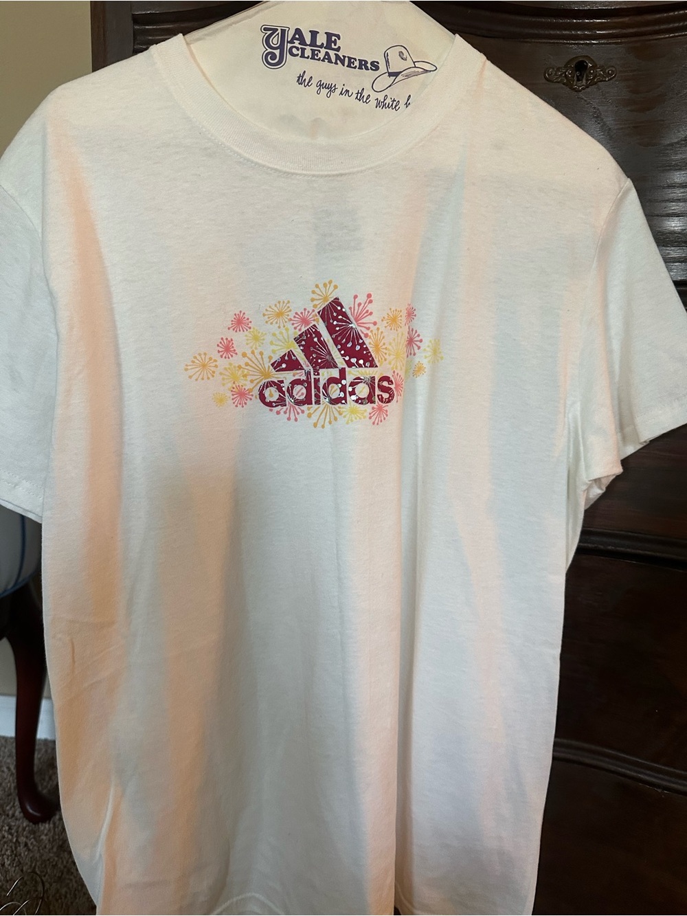 adidas White Tee with Pink and Yellow Logo Floral Graphic